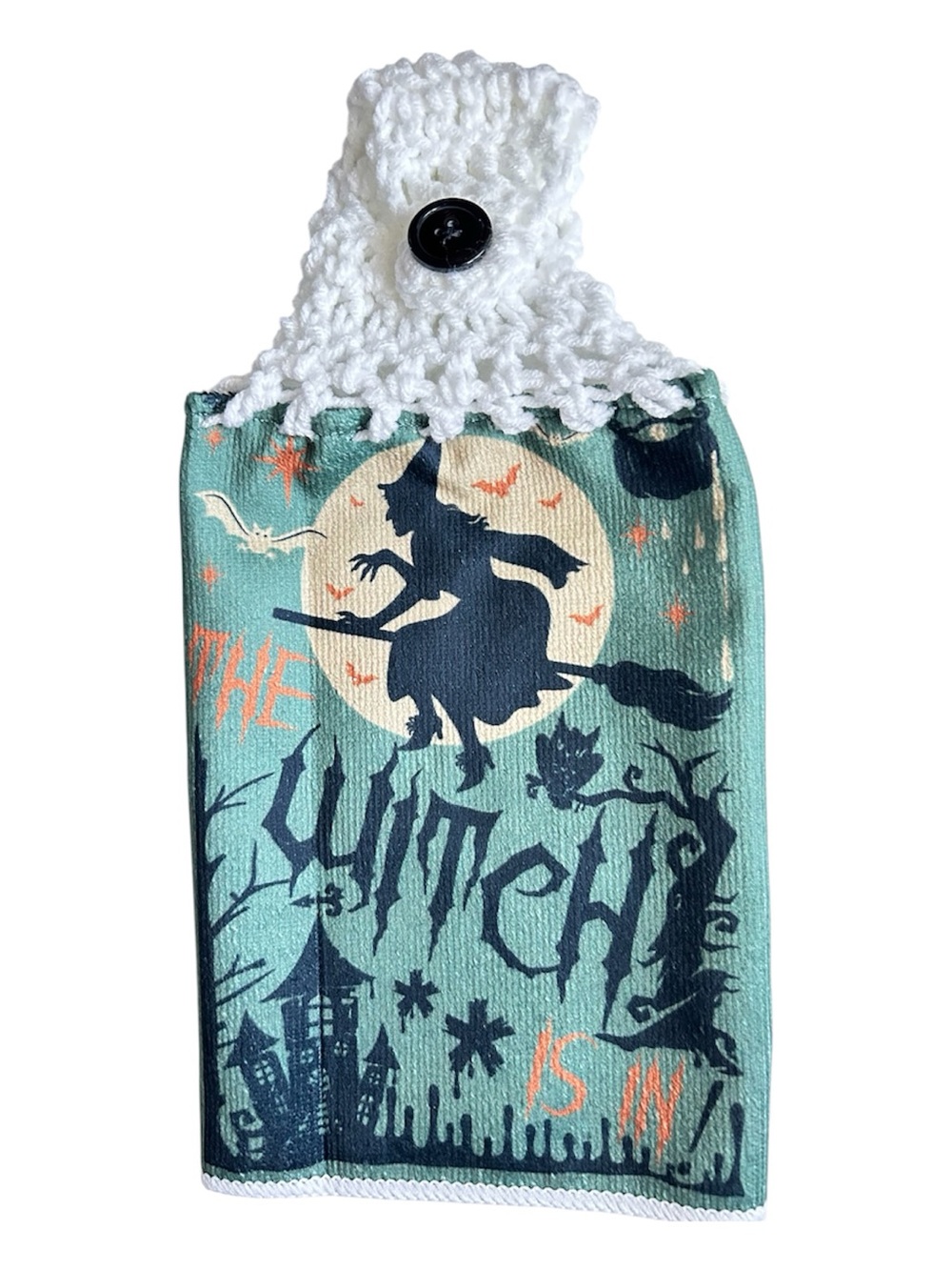 Hand Crafted Halloween Witch Black and Green Hanging Kitchen Hand Towel